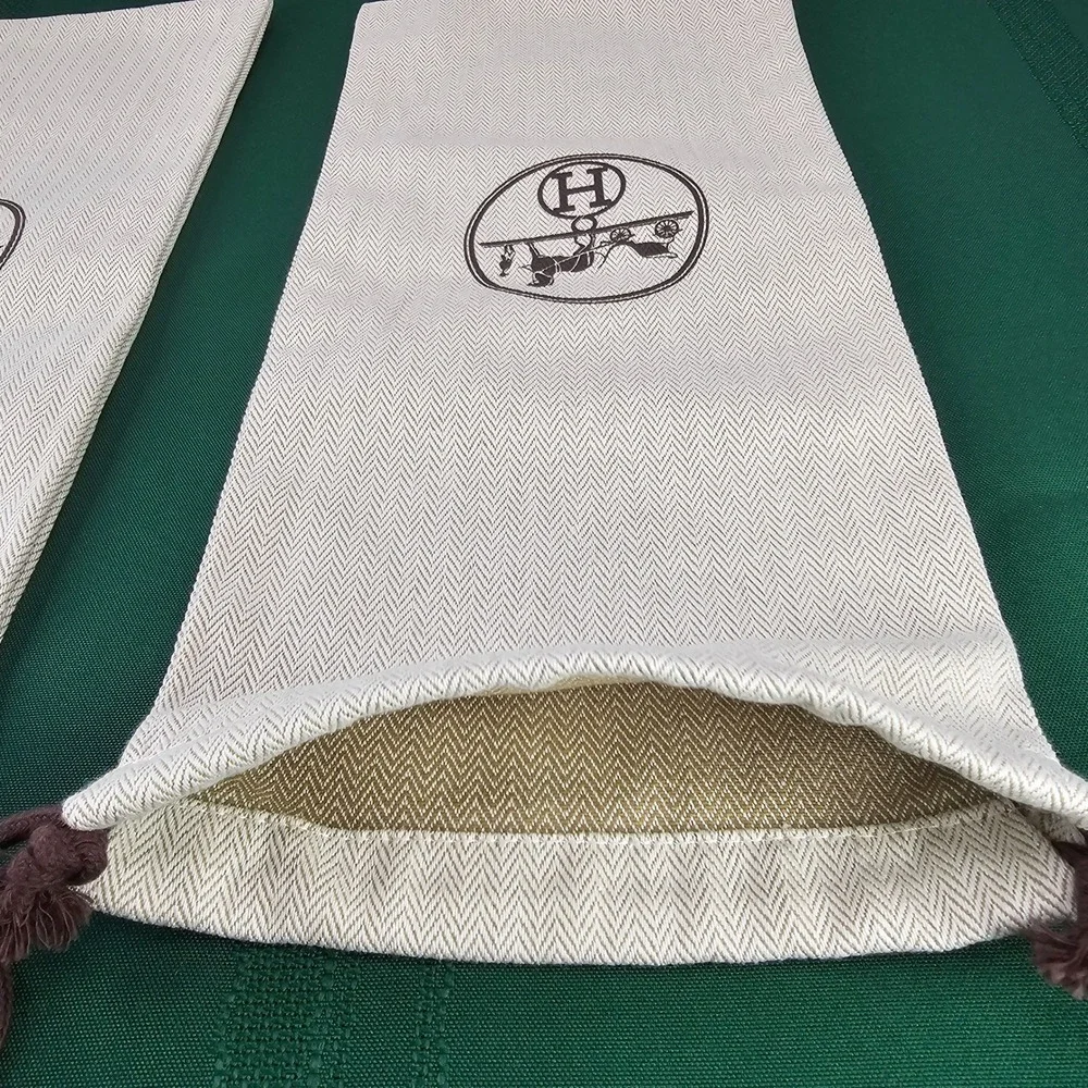 2 Hermès‎ Dust Bags Pouches Beige Paris Herringbone Drawstring Storage 14x6.5
